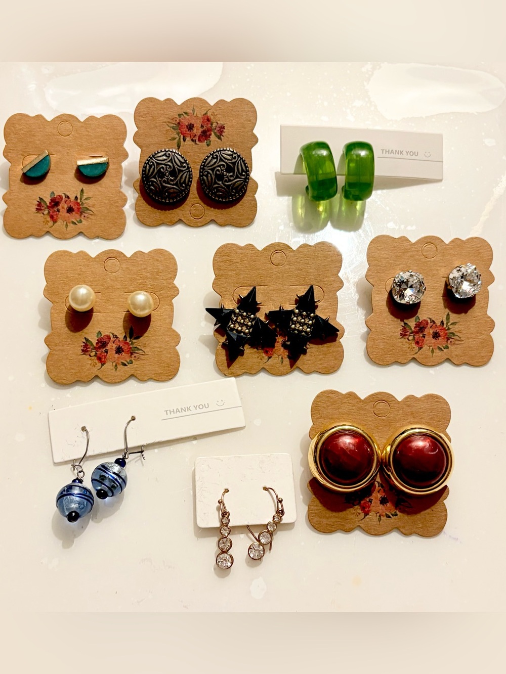 Assorted Women's Fashion Earrings - Green Hoop, Pearl, Red Cabochon & More 9pc